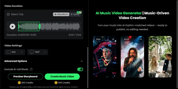 Musicful music video panel quoting 1,143 credits to generate a 42-second clip with a 252-credit storyboard preview