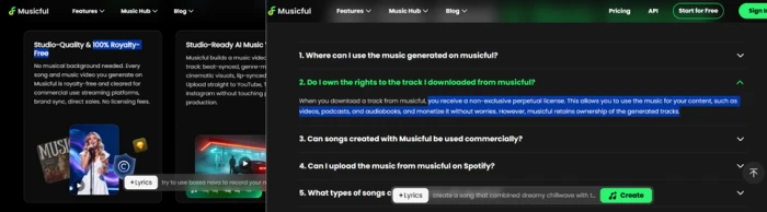 Musicful homepage banner promising studio-quality 100 percent royalty-free music cleared for commercial use