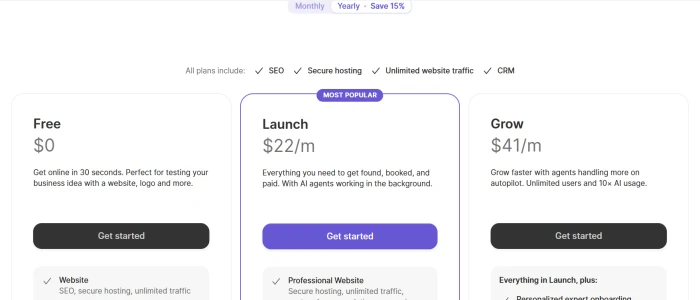 Durable pricing page showing Free at zero dollars, Launch and Grow tiers on the yearly billing view