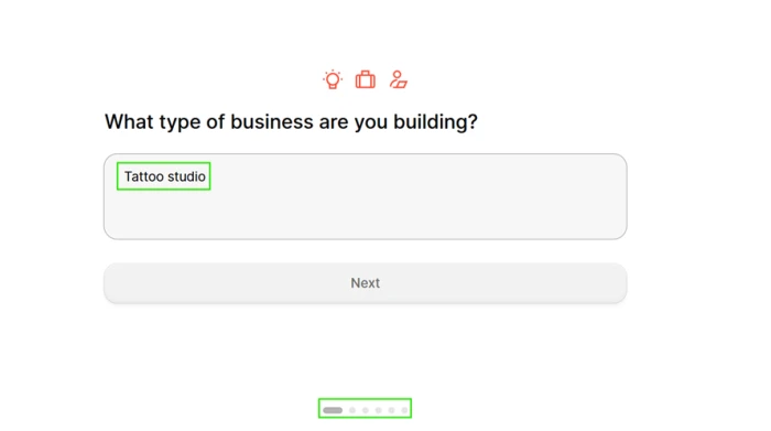 Durable onboarding step one of six, asking about the business before any website is generated