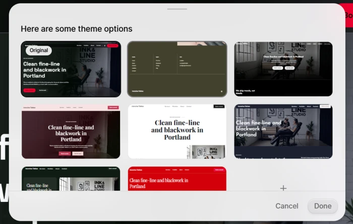 Durable theme selection screen showing eight thumbnail options that share the same headline and hero layout