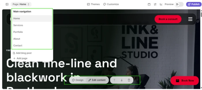 Durable page editor showing the per-section toolbar with design, edit content, move up, move down and delete actions