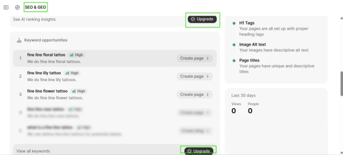 Durable keyword opportunities panel with most suggestions blurred behind two Upgrade buttons on one screen