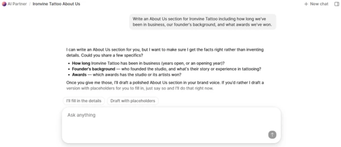 Durable AI Partner declining to invent business history and asking for the studio's age and awards instead