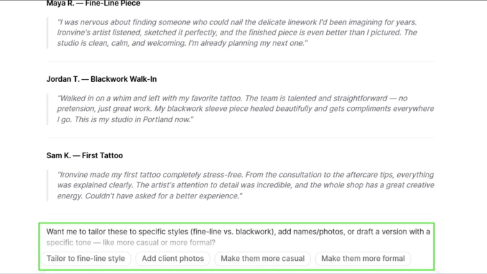 Durable AI writing three fabricated customer testimonials on request, with an offer to add client photos