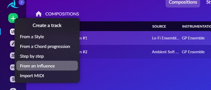 AIVA Create Track menu showing five instrumental start options with no lyrics or vocal input field