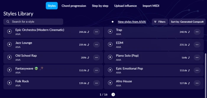 AIVA Styles Library grid showing orchestral, cinematic, trap and EDM presets each labeled with generation counts