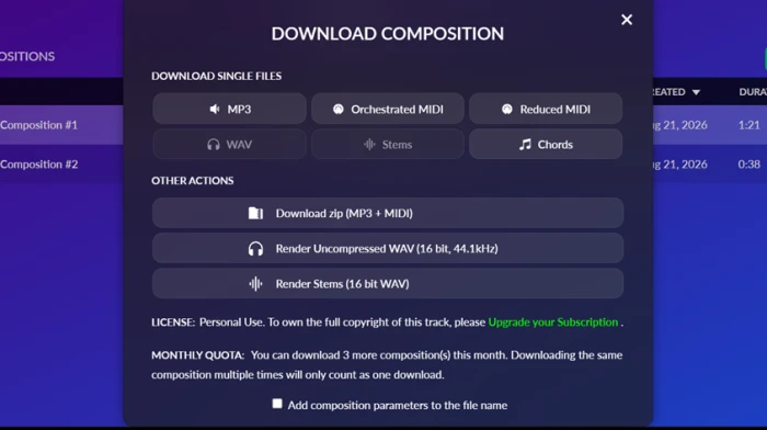AIVA download panel with MP3 and MIDI available and WAV and Stems options greyed out behind a paid tier