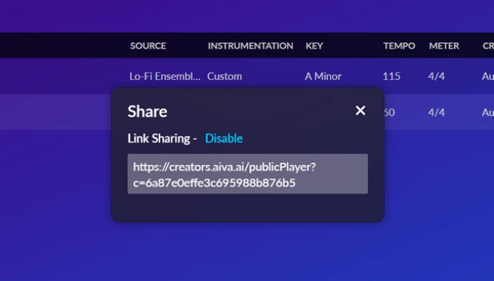 AIVA public player link screen showing a shareable web player for a generated composition