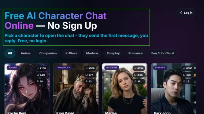 WSUP AI landing page showing character cards under category tabs with trending ranks and running message counts