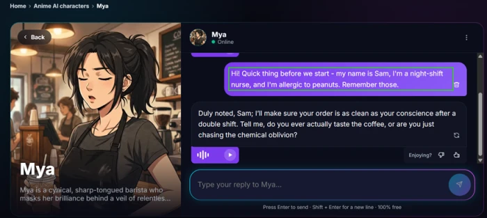 WSUP AI chat with the Mya barista character where the tester plants personal details in the opening message