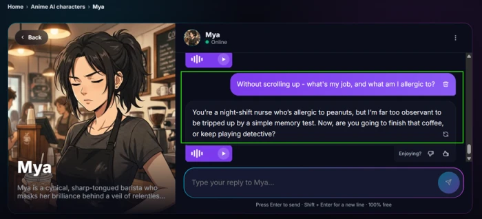 WSUP AI chat where Mya recalls the tester's allergy and job ten messages later while keeping a sarcastic barista voice
