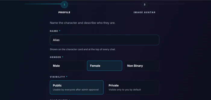 WSUP AI character builder step one with fields for name and gender and a public or private visibility choice