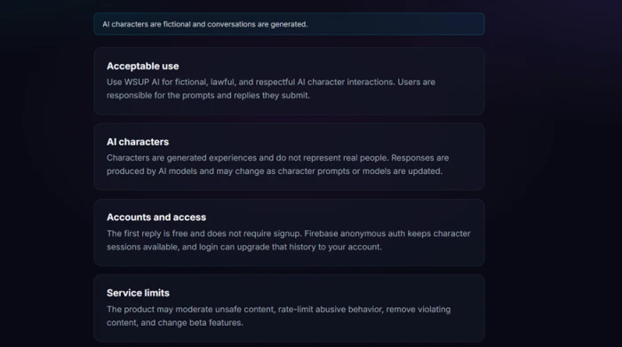 WSUP AI terms of service page describing Firebase anonymous authentication and a stated content moderation policy