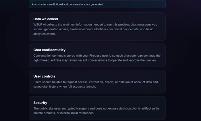 WSUP AI privacy policy page listing collected data types and noting that admins may review recent conversations