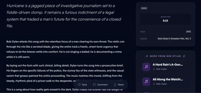 Songtell's analysis page for Bob Dylan's Hurricane, reading the lyric as investigative journalism about a wrongful conviction