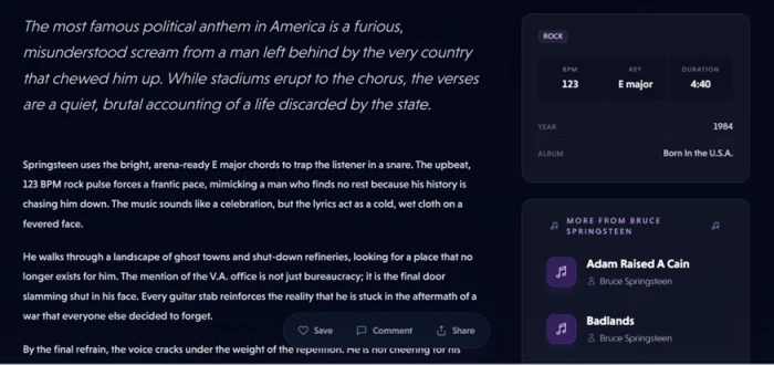 Songtell's analysis of Bruce Springsteen's Born in the U.S.A., connecting the bitter veteran lyric to the upbeat arena arrangement