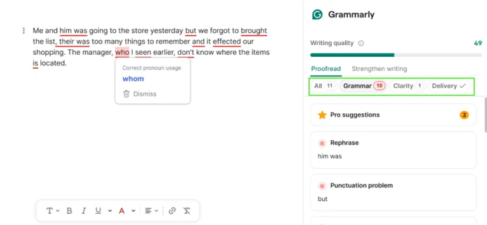 Grammarly flagging 11 issues in a short broken passage and scoring the text 49 out of 100