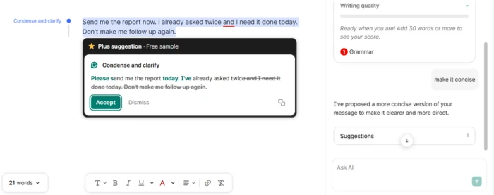 Grammarly Condense and clarify suggestion labeled Plus suggestion, Free sample turning a blunt message into a shorter version