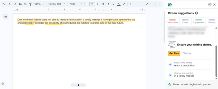 Grammarly extension underlining a bloated sentence inside Google Docs with suggestions in a side panel