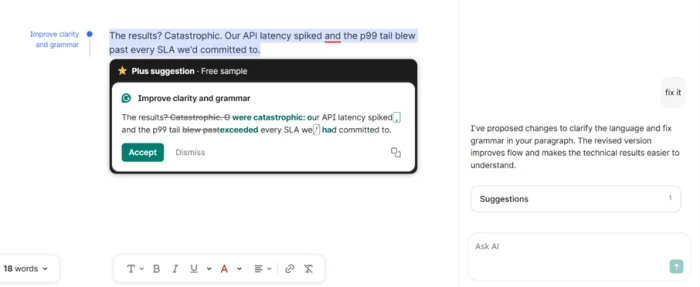 Grammarly rewriting punchy sentence fragments into flatter corporate phrasing, replacing blew past with exceeded
