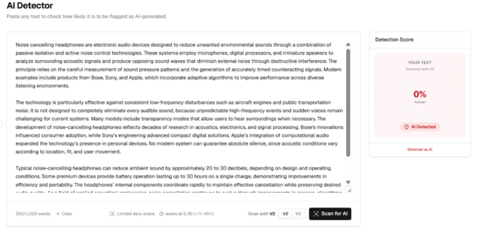 The same humanized passage scored zero percent human with a red AI Detected badge on StealthWriter's V2 scanner