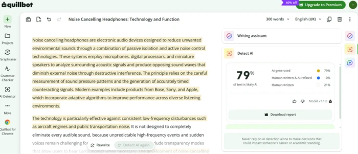 QuillBot AI detector rating the humanized text 79 percent likely AI generated with highlighted sentences