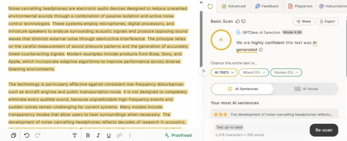 GPTZero reporting the humanized text as 100 percent AI with a sentence-level breakdown