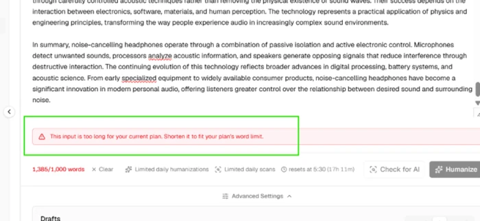 StealthWriter free plan rejecting a 1385-word input with a red word counter and a greyed-out Humanize button