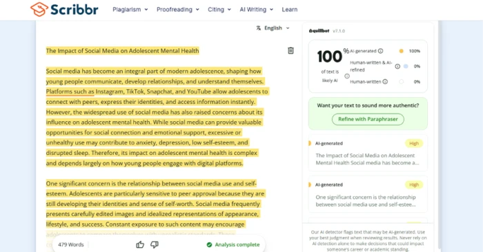 Scribbr AI detector result screen showing a ChatGPT essay marked 100 percent AI-generated with every paragraph highlighted