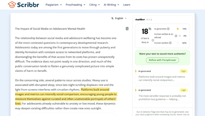 Scribbr AI detector result showing a Claude-written essay scored 82 percent human and 18 percent AI