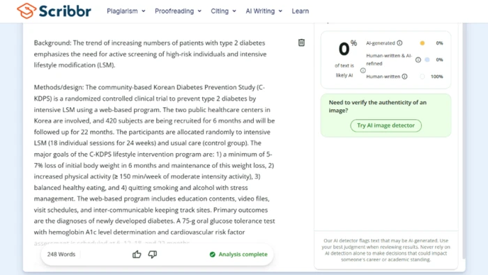 Scribbr AI detector result showing a human-written research abstract scored 100 percent human