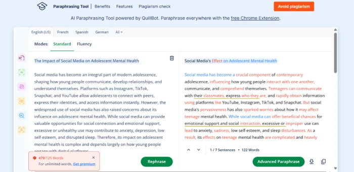 Scribbr paraphrasing tool showing it rewrote only the first 125 words of a 479-word essay before prompting an upgrade