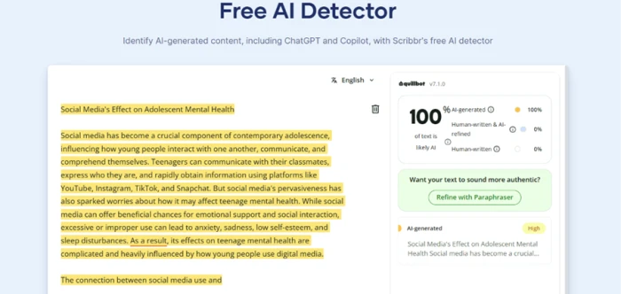 Scribbr AI detector showing paraphrased text still scored 100 percent AI after a Standard-mode rewrite