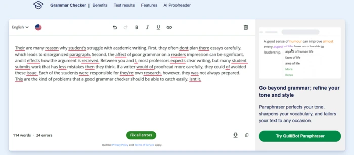 Scribbr grammar checker flagging 24 errors in a 114-word paragraph with a single fix-all button