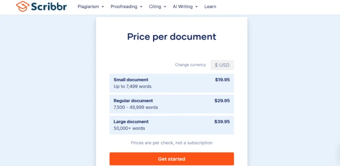 Scribbr price-per-document plagiarism pricing showing small document at $19.95, regular at $29.95, and large at $39.95
