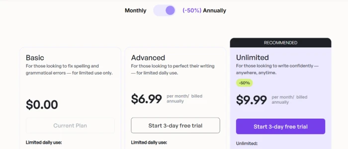Wordtune in-app pricing screen showing the Basic, Advanced and Unlimited plans with the annual billing toggle selected