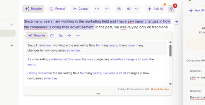 Wordtune Rewrite dropdown open below a highlighted sentence, listing several alternative phrasings with the changed words marked in each one