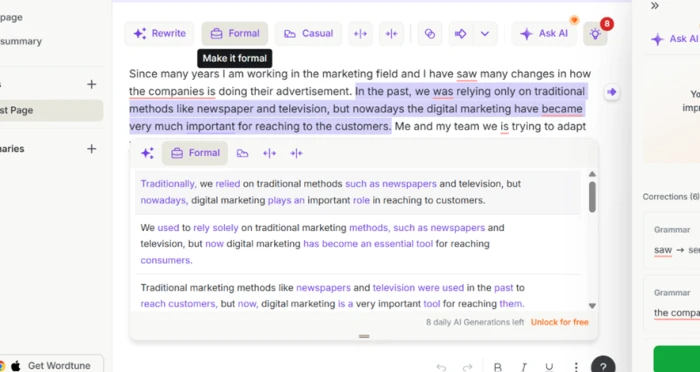 Wordtune Formal tone output rewriting a passage about digital marketing into measured professional phrasing