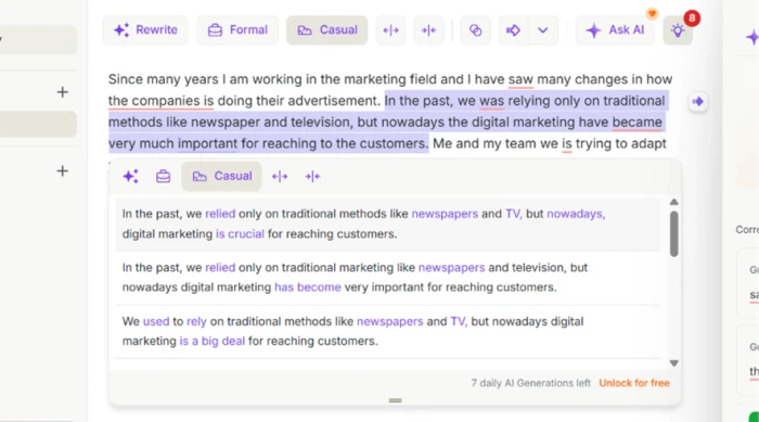 Wordtune Casual tone output loosening the same digital marketing passage into everyday conversational language