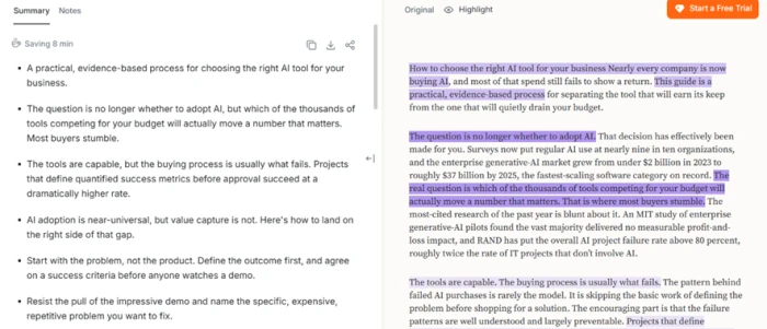 Wordtune summarizer showing a bullet-point breakdown on the left with each point colour-matched to the highlighted source passage on the right