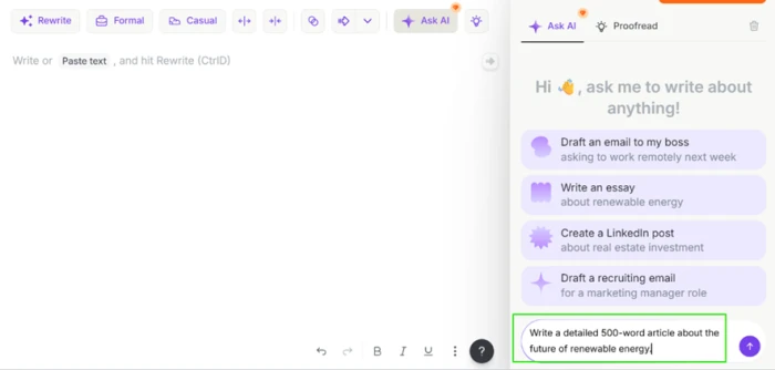 The Wordtune Ask AI panel with a typed prompt requesting a 500-word article about renewable energy