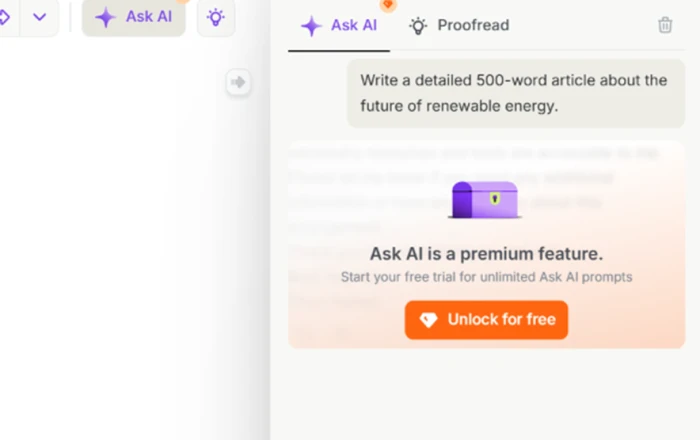 Wordtune premium upgrade prompt blocking the Ask AI generation request instead of returning a draft