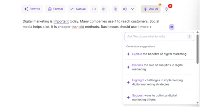 Wordtune offering a menu of contextual directions such as explaining benefits or discussing analytics before expanding the text