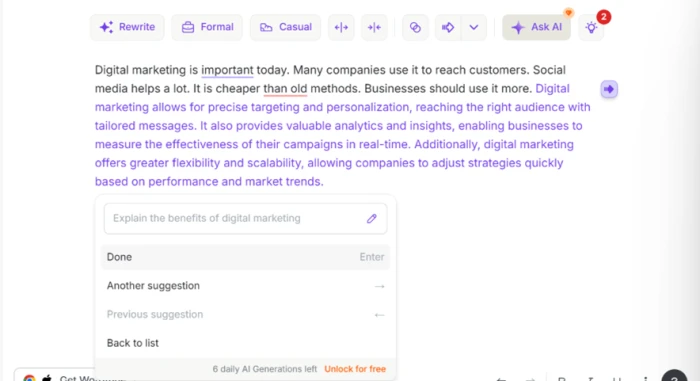 The expanded paragraph produced by Wordtune, fluent and on topic but leaning on generic marketing phrasing