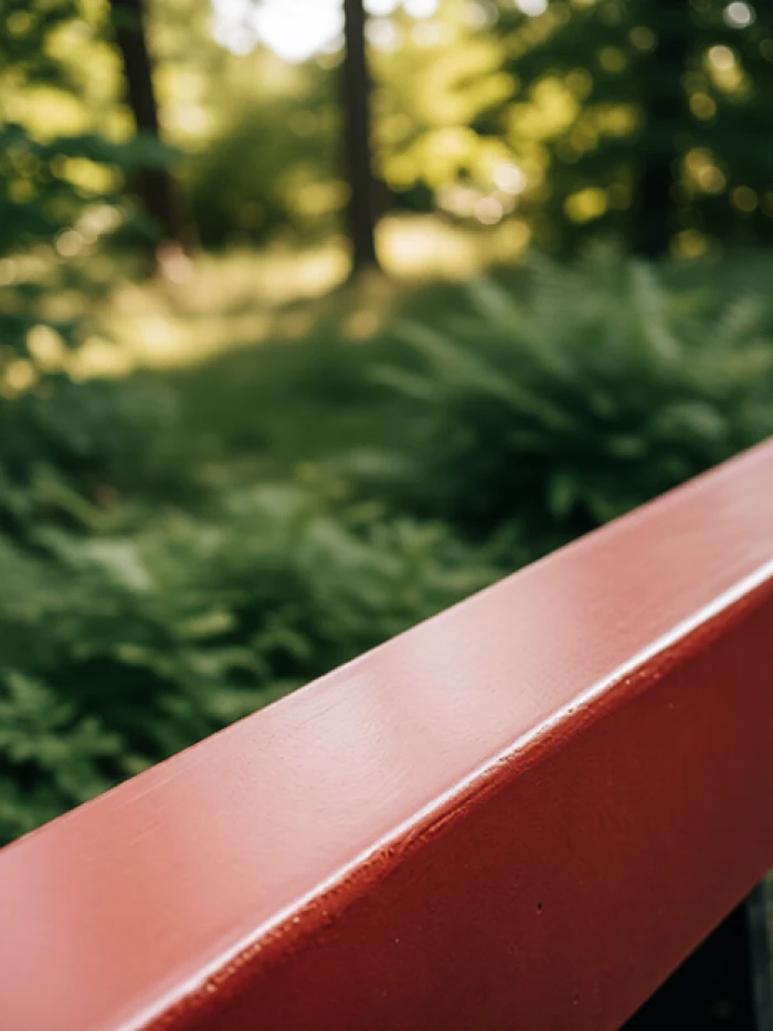 Muke AI output showing a red metal handrail in a blurred forest, with no element of the uploaded cap photo present