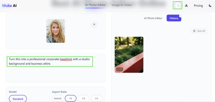 Muke AI interface with a casual selfie uploaded, the headshot prompt entered, aspect ratio set to 1 to 1, and 8 credits remaining