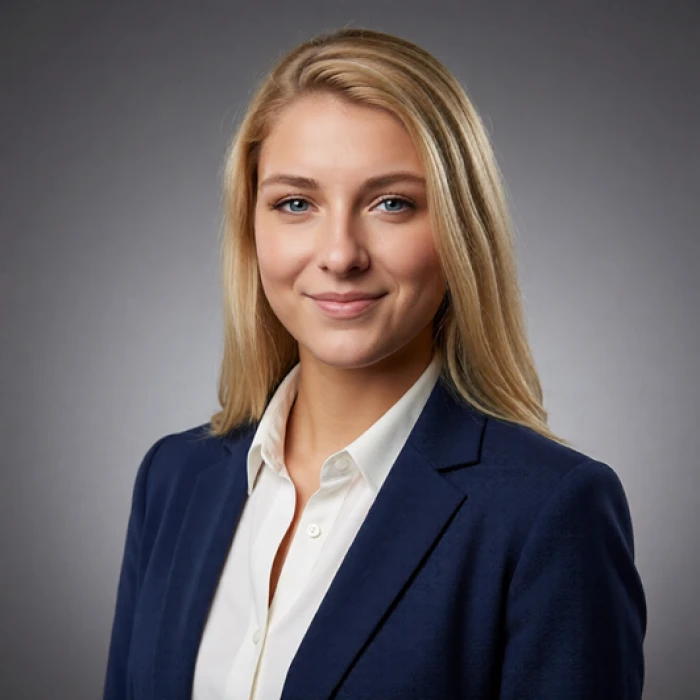 Generated corporate headshot showing even studio lighting against a plain gray backdrop, with the subject in a navy blazer over a white shirt