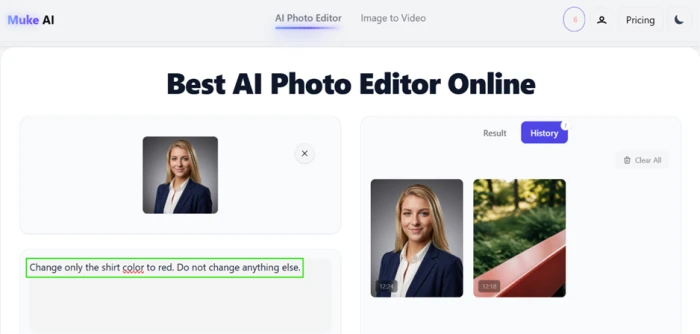 Muke AI editor with the generated headshot re-uploaded and the color change prompt entered, both earlier results visible in the history panel