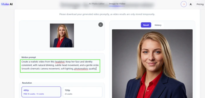 Muke AI image-to-video page with the generated headshot loaded beside a motion prompt describing blinking and camera movement, above a balance of 10 credits